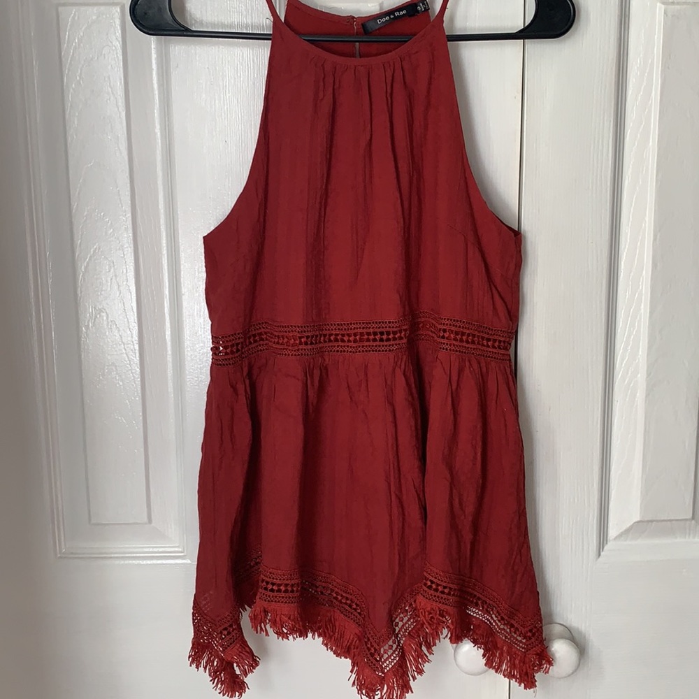 Doe & Rae red high neck fringe tunic size Small